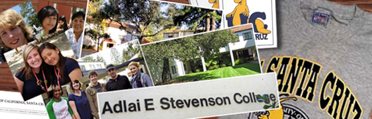 Stevenson College sign wih snapshots of students at UCSC in the background